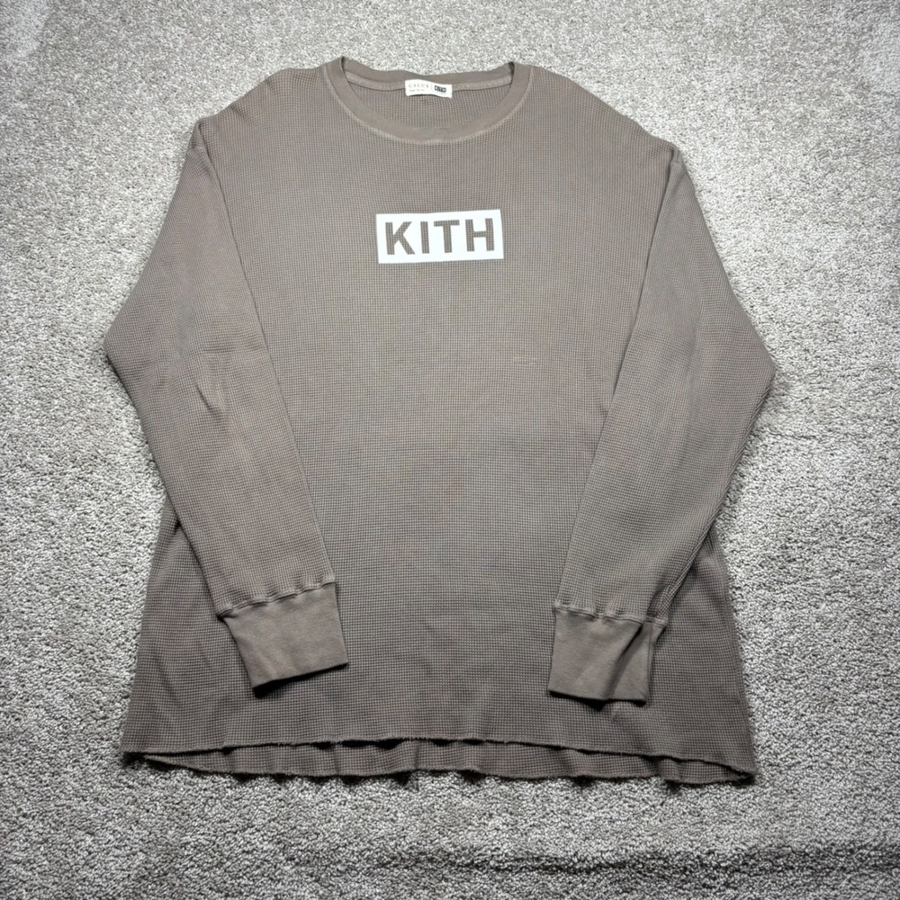 Kith Calux Mens XL Waffle Knit Thermal Long Sleeve Shirt Brown Box Logo USA